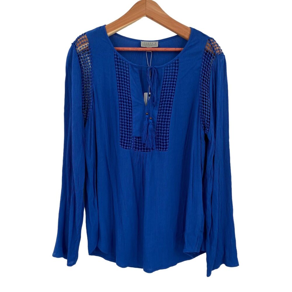 Joseph A Top Medium Women’s Blue Long Sleeve Crochet Peasant Blouse BOHO Keyhole